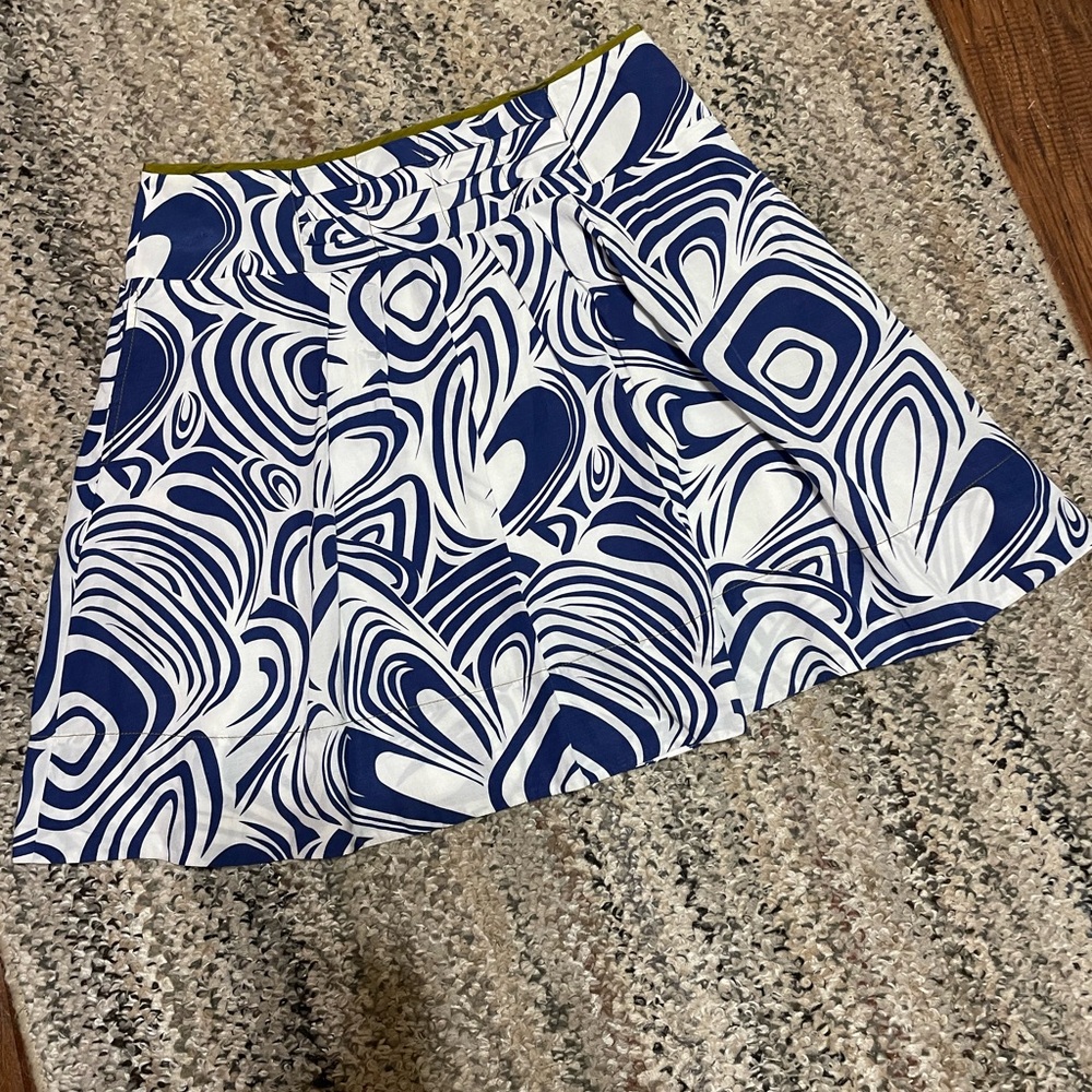 CAbi Womens White Blue Pleated Full Rayon/Cotton Knee Length Skirt